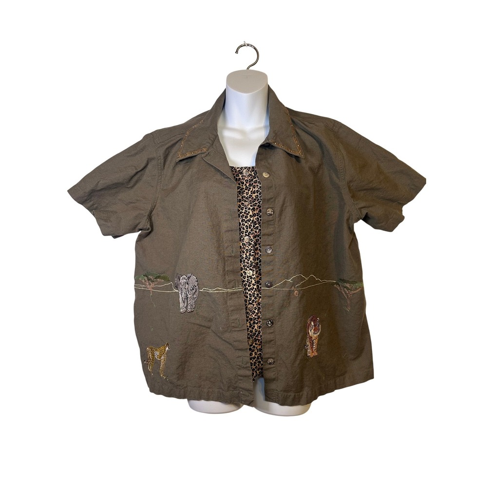 Lemon Grass Woman‎ Safari Animal Embroidered Button Down Shirt 18W